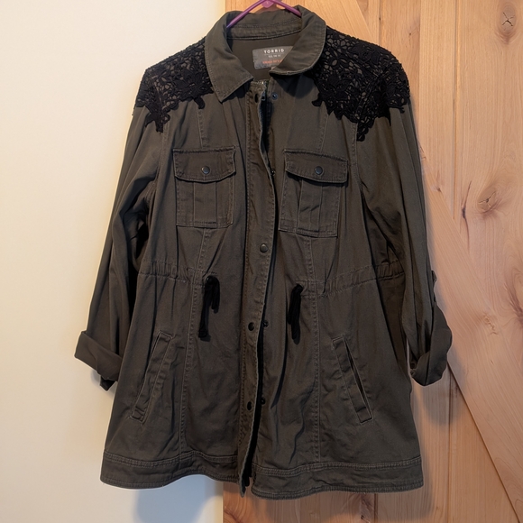 torrid Jackets & Blazers - Exibit Women's Olive Green Jacket with Black Lace Detail